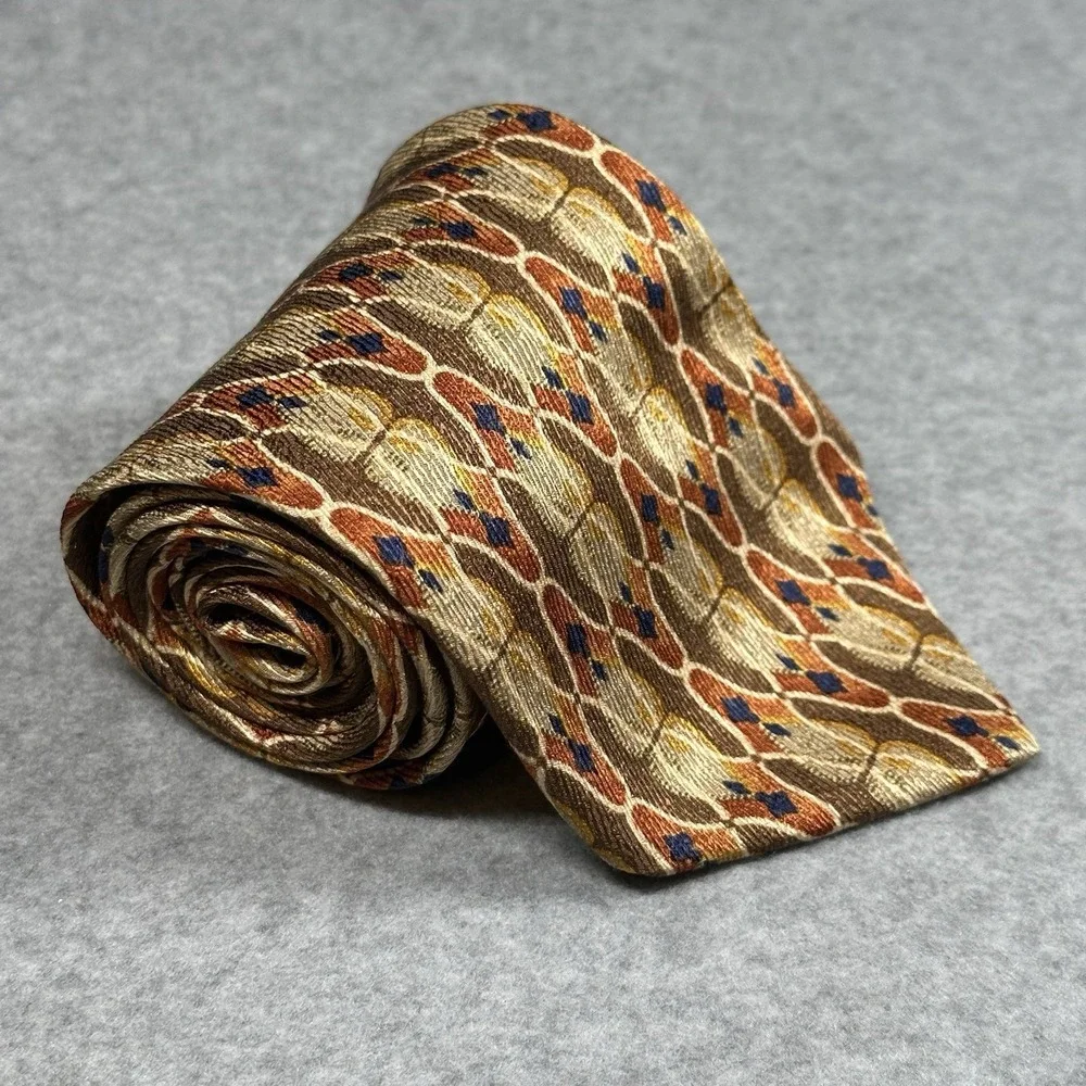 Vintage Alexander Julian Colours Silk Tie Geometric‎ Brown Gold USA 55x4 in